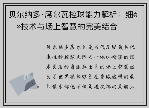 贝尔纳多·席尔瓦控球能力解析：细腻技术与场上智慧的完美结合