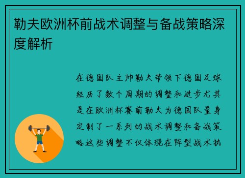 勒夫欧洲杯前战术调整与备战策略深度解析